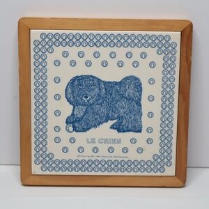 Vintage 1984 Taylor & Ng Le Chien Dog Ceramic Tile Wood Framed Trivet Wall Art